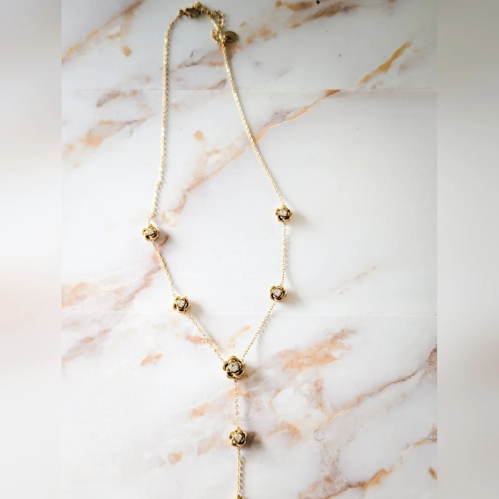 ​18k Gold Plated Rose Lariat Necklace 316L Stainless Steel Floral Zircon Jewel